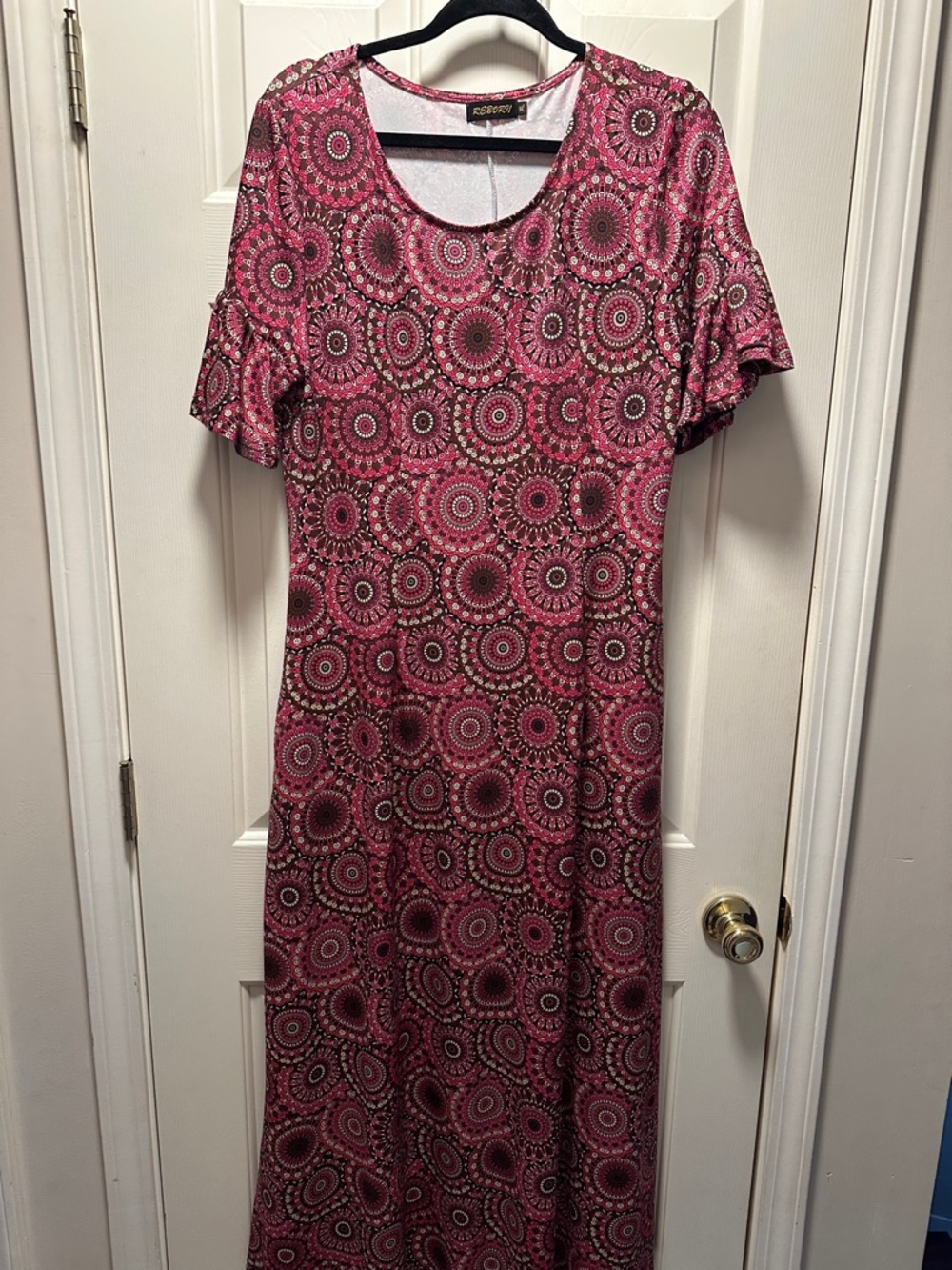 EUC Vintage Reborn Pink, Brown & White Circular-Print Maxi Dress